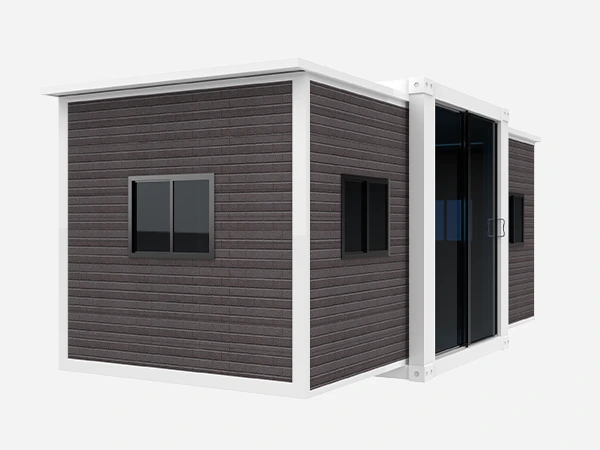 A set of 10 ft expandable container house with brown color and white column.