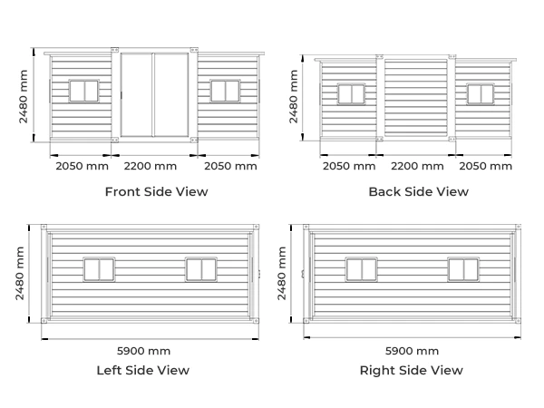 Four different view of 20' expandable container house and marked with dimensions.