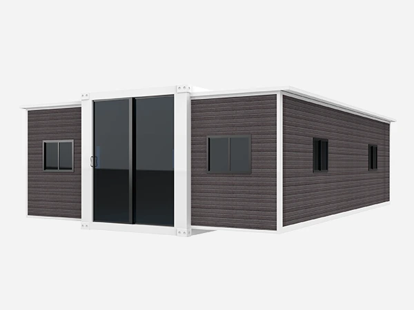 A set of 30 ft expandable container house with brown color and white column.