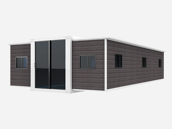 A set of 40 ft expandable container house with brown color and white column.