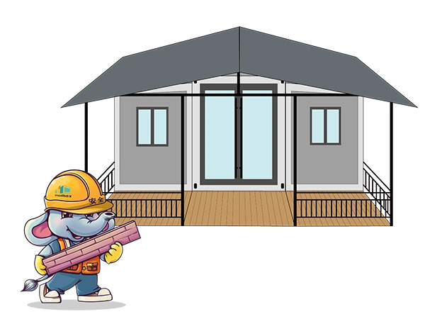 The mascot Tonton is holding a wall panel to build an expandable container house.