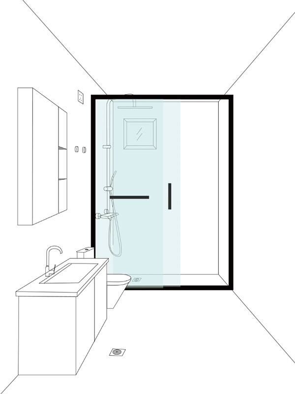 A wet and dry separation bathroom of expandable container house including partitions, showerhead, washbasin, toilet, mirror, cabinet, titanium-magnesium alloy door, floor drain, and plumbing.