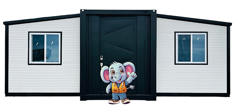 The mascot Tonton is standing front of a black frame and white color expandable container house.