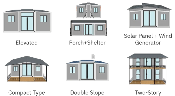Six different types of expandable container houses.