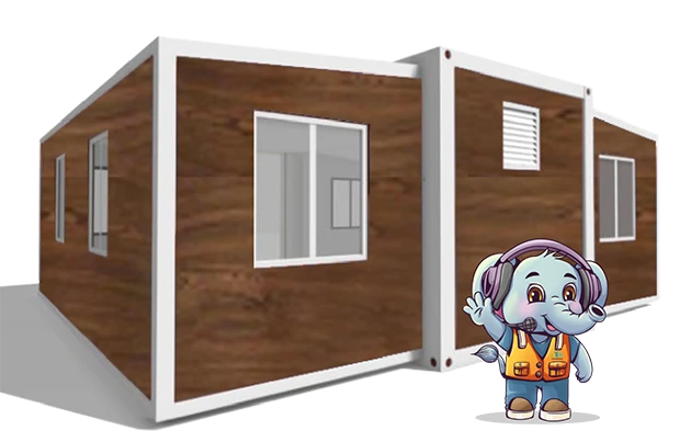 The mascot tonton is standing front of the expandable container house.