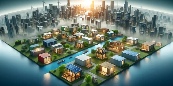Several container houses between the high buildings.