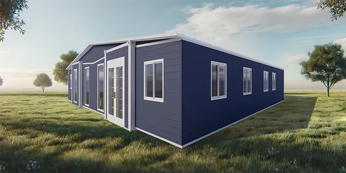 A prefabricated container house is deployed between the forest.